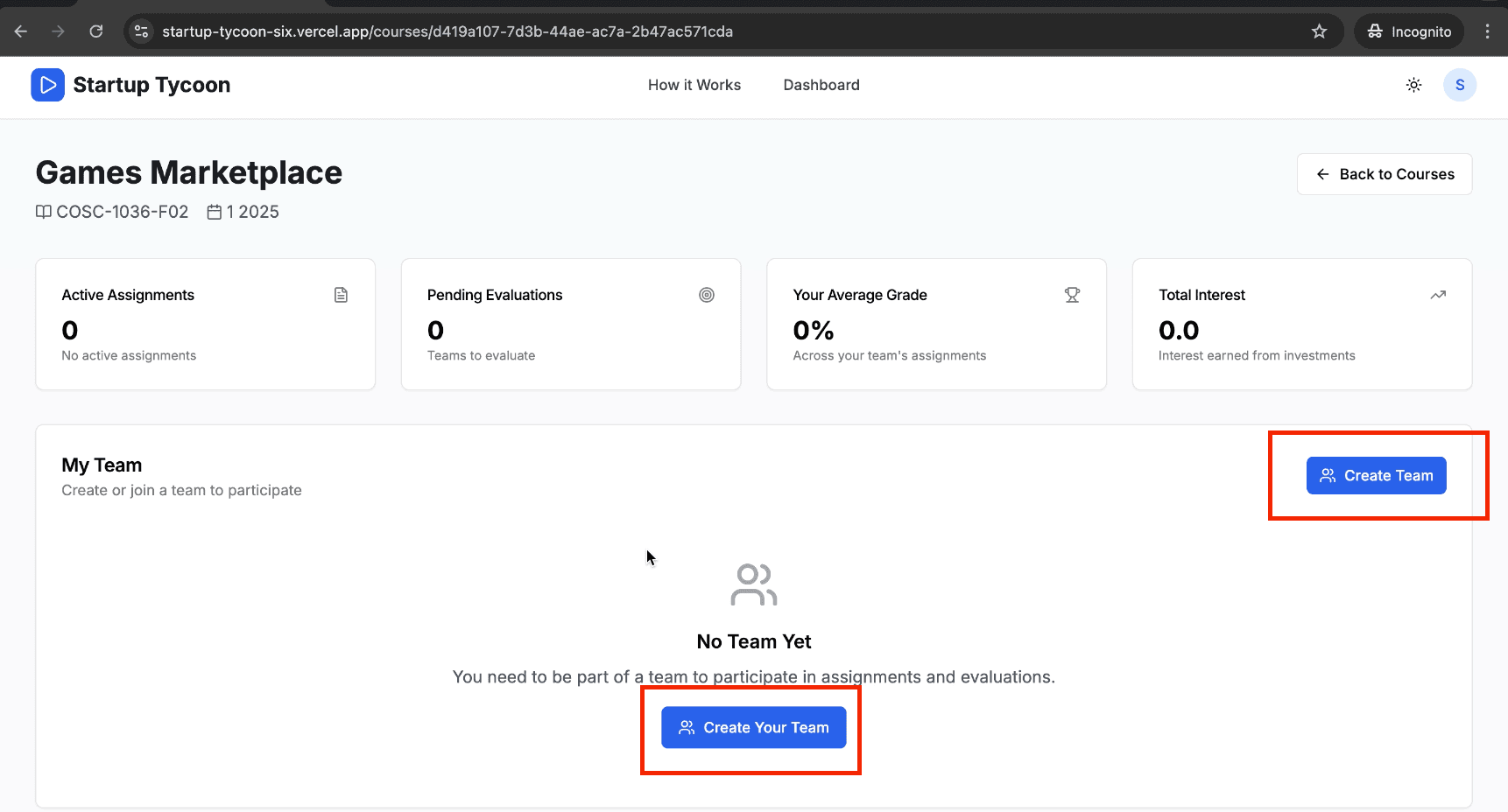 Course Dashboard - Create Team Button