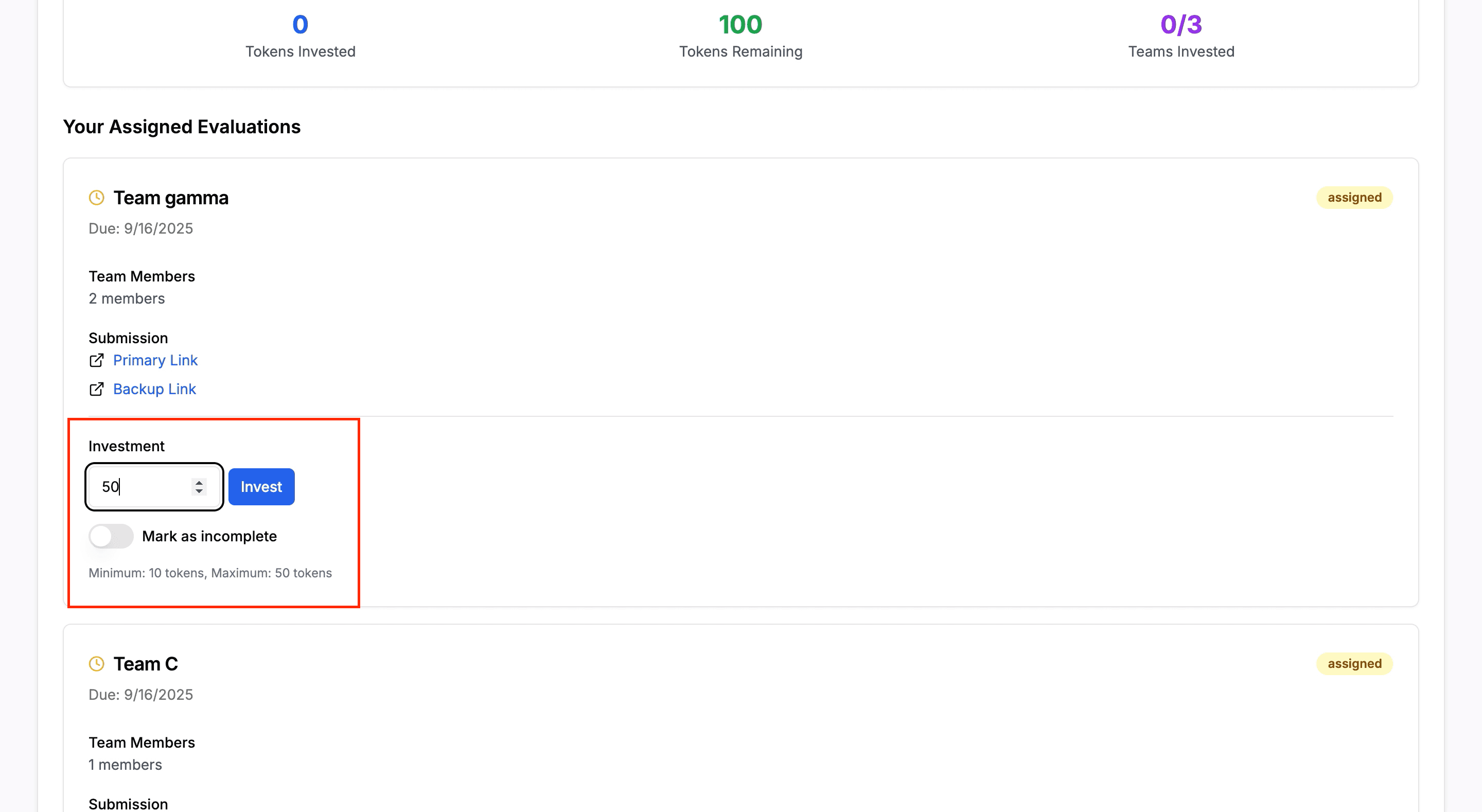 Investment Modal with Token Selection