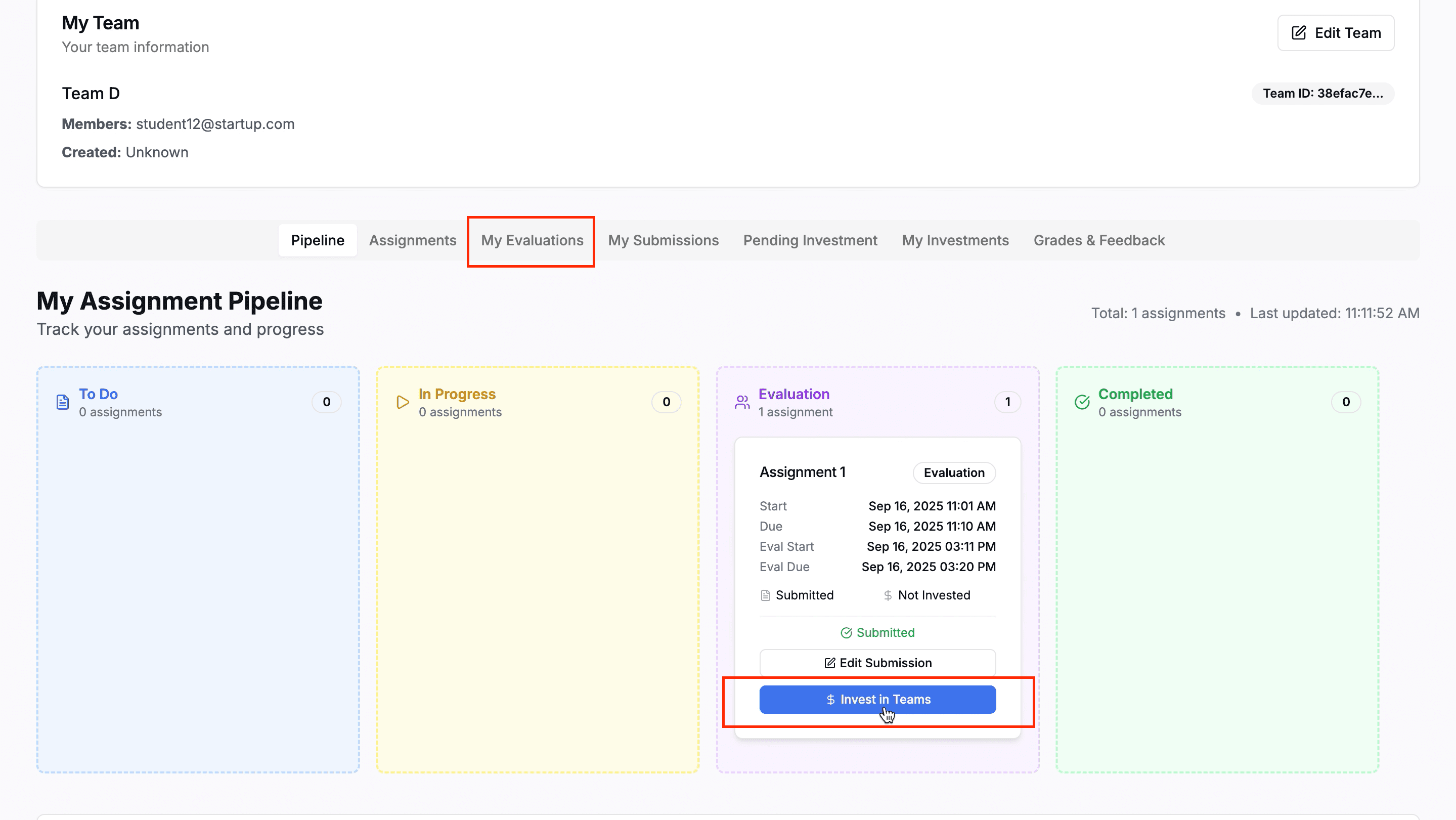 My Evaluations Tab - Investment Tab